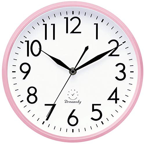 Pink Flowers and Leaves on Gray Rose Floral Tile Wall Clock 9.5 Inch Non-Ticking Silent Clocks Round Bathroom Clock Battery Operated Quartz Analog Decorative Desk Clock for Living Room