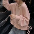 thumbnail image 2 of Chandail en Molleton à Col Rond pour Femmes Élégant Décontracté Couleur Unie Manches Longues Ourlet à Cordon Pull Top Blouse Abricot m, 2 of 8
