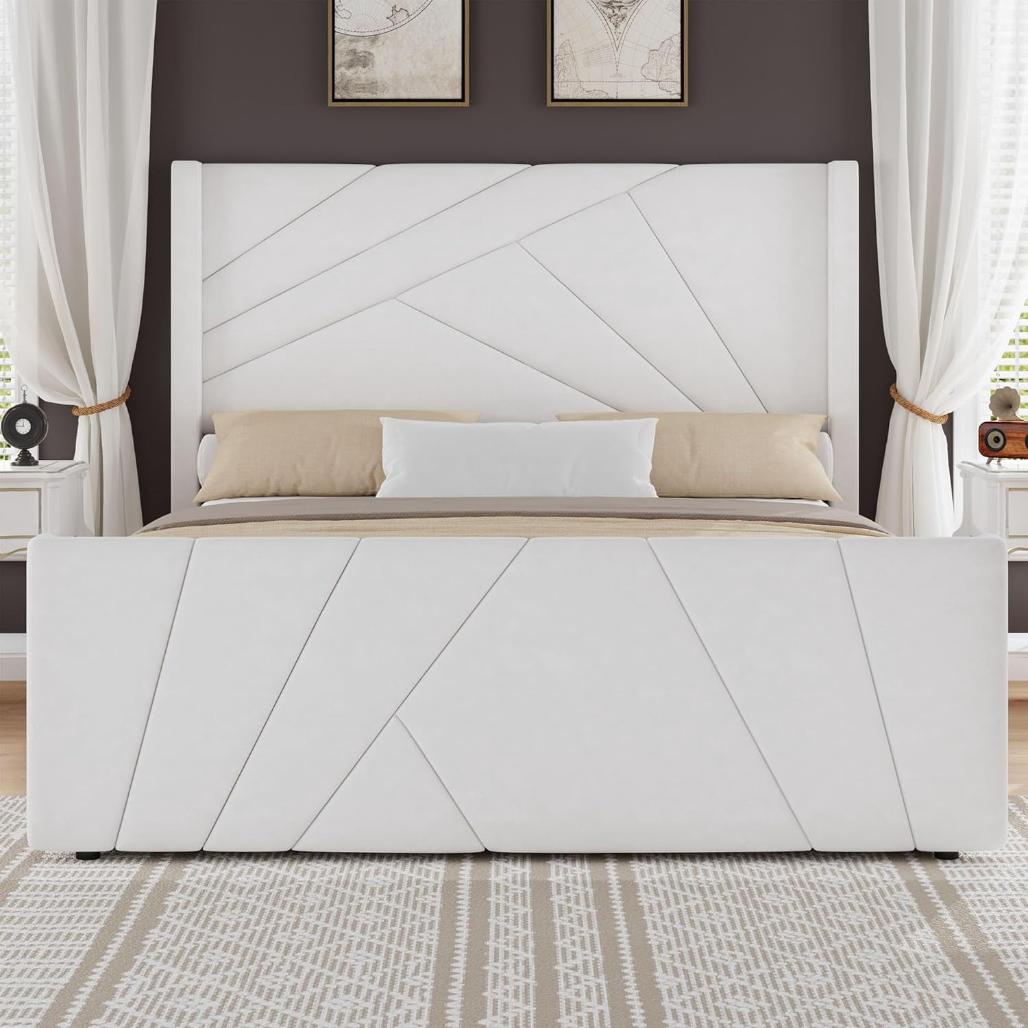 4 EVER WINNER Full Bed Frame, Velvet Upholstered Platform Bed with Headboard and Footbaord, Geometric Tufted Wingback Headboard & Footboard, White