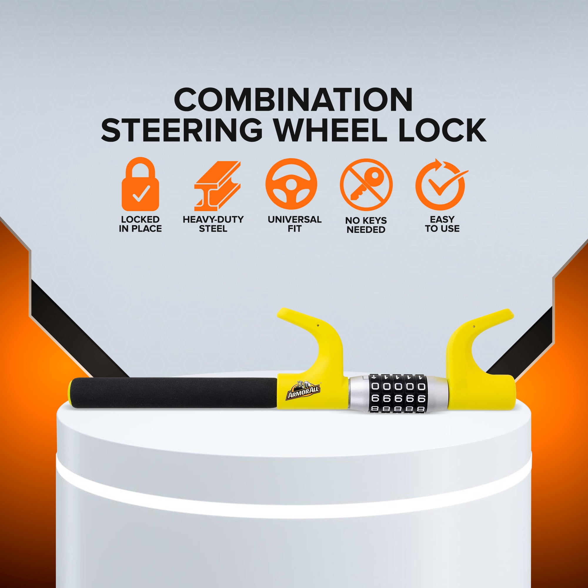 Armor All Combination Steering Wheel Lock, Keyless 5-Digit Anti-Theft Car Security Bar, Universal Fit for Cars, SUVs, Vans & Trucks, Yellow