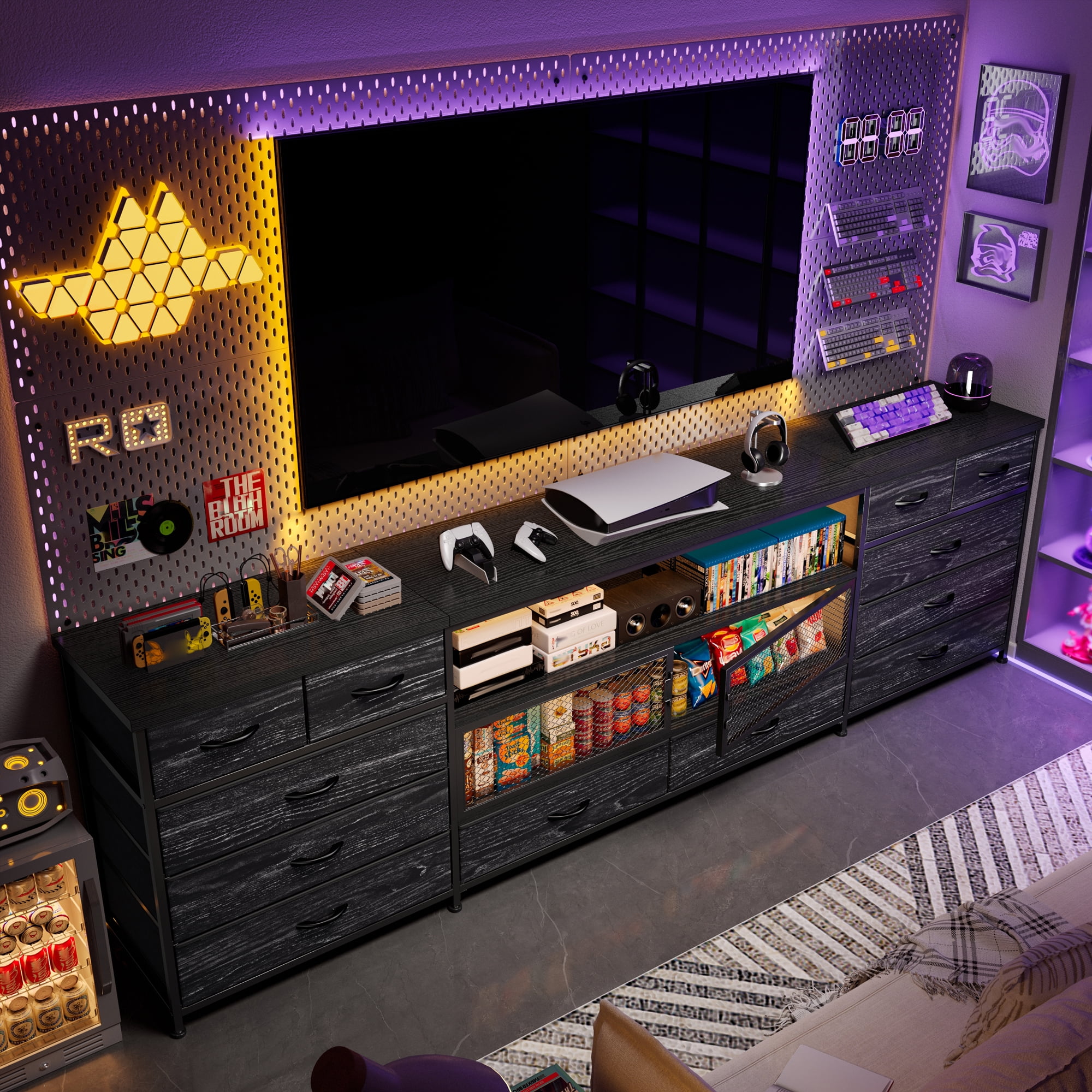 EnHomee TV Stands for Living Room Bedroom Dresser with Charge Station Entertainment Center for TVs 75 inch to 85 inch Black TV Stand with Fabric Drawers & LED