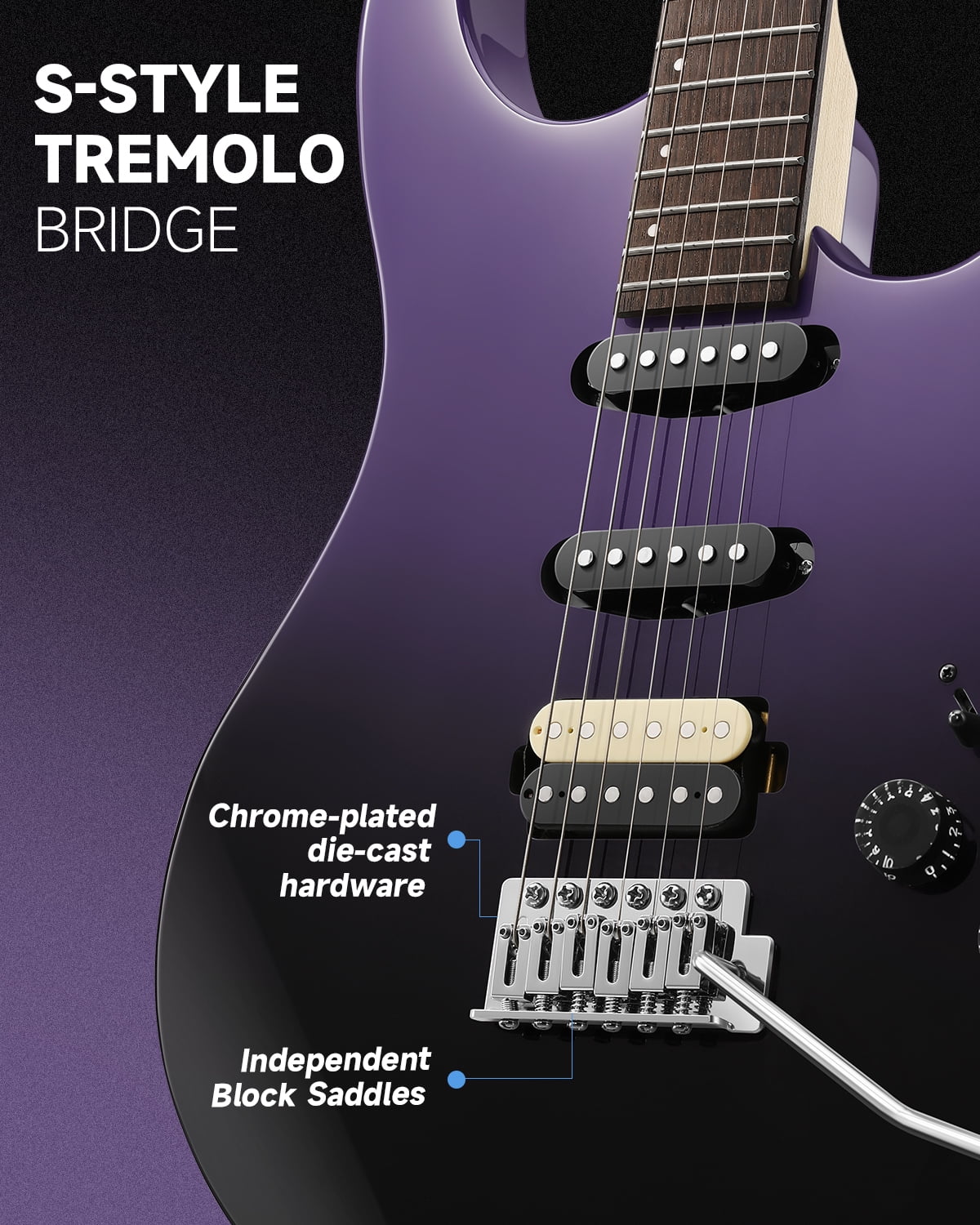 Donner Electric Guitar Only With Gig Bag Tremolo Bridge Solid Body HSS Pickup, DMT-66, Purplish Black