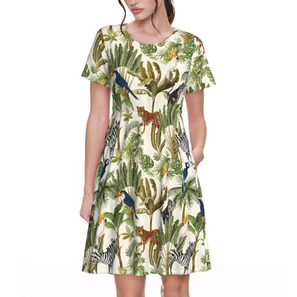 Disketp Jungle Animals para Vestido de Manga Corta para Mujeres, Vestidos de Verano para Mujeres, Casual y Holgado para la Playa