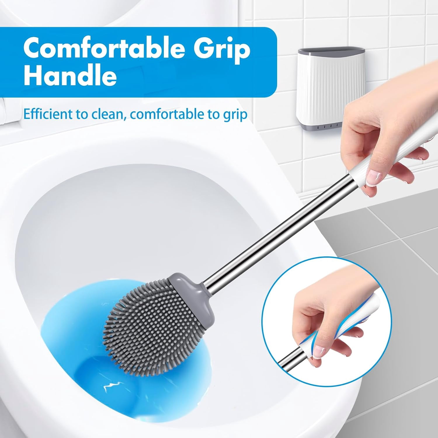 Toilet Brush, Silicone Brush and Holder Set, Flexible Brush Head with Ventilated Holder, Wall Mounted Compact Scrubber Set for Bathroom Cleaning