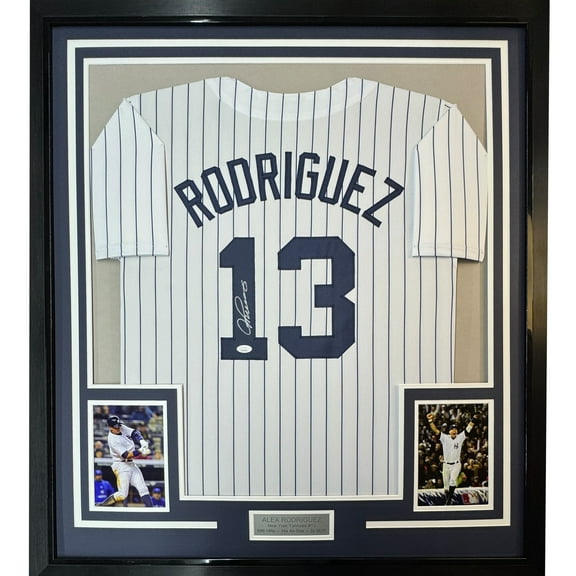 Framed Autographed/Signed Alex Rodriguez 35x39 New York Pinstripe Baseball Jersey JSA COA