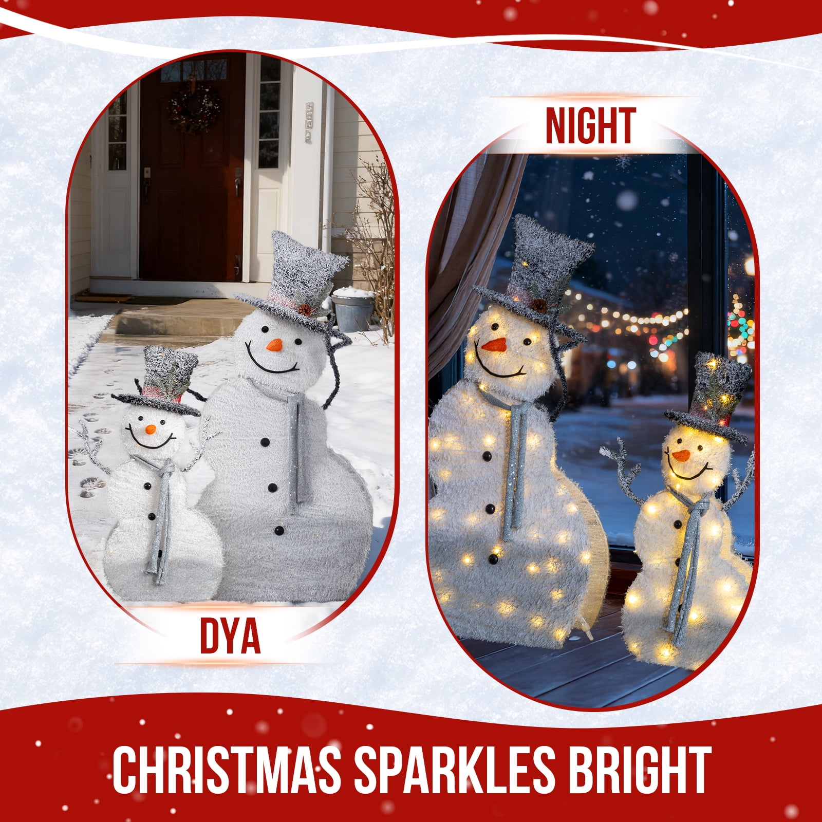 Set of 2 Lighted Snowman with Top Hat Christmas Decorations, Pre-lit 2D Holiday Decor with Warm White LED Lights for Indoor Outdoor Display