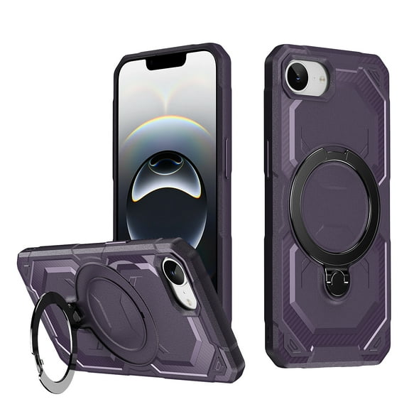 Heavy Duty Phone Case For iPhone 16e,Built-in Rotatable Magnetic Ring Kickstand,Shockproof Dropproof Tough Rugged Anti-fall Protective Phone Case Cover For iPhone 16e, Purple