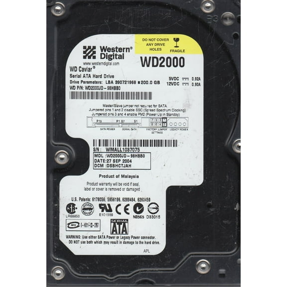 WD2000JD-98HBB0, DCM DSBHCTJAH, Western Digital 200GB SATA 3.5 Hard Drive