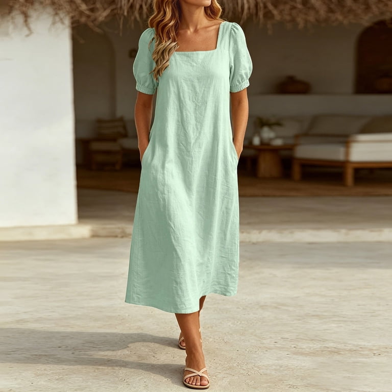 SONXAHE Square Neck Midi Dress for Women Puff Sleeve Loose Casual Daily Long Dress
