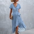 thumbnail image 2 of Vestido cruzado floral para mujer, cuello en V, cintura, cinturón, manga con volantes, dobladillo asimétrico, vestido largo de verano azul XL, 2 of 6
