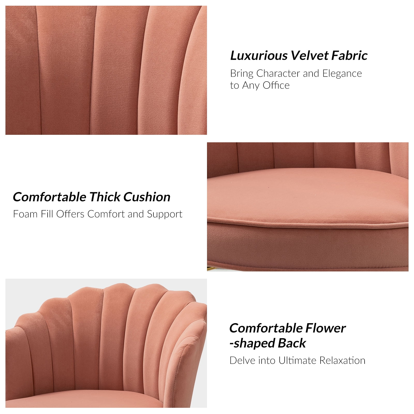 Makeup Vanity Chair Upholstered Velvet Office Task Desk Chair Swivel Adjustable Pink