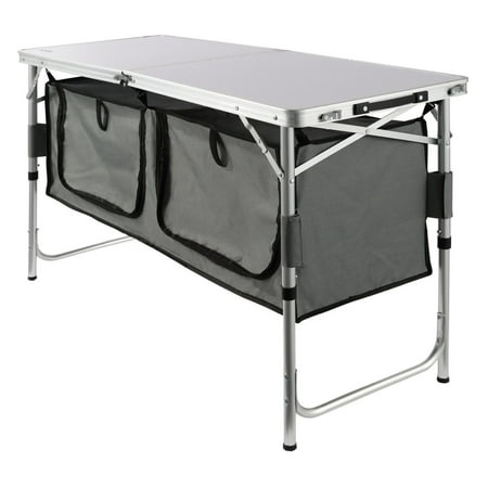 Camping Kitchen Table Folding Portable Table 3 Adjustable Heights Outdoor Cooking Station for Camping Picnics RV BBQ - MDF Tabletop