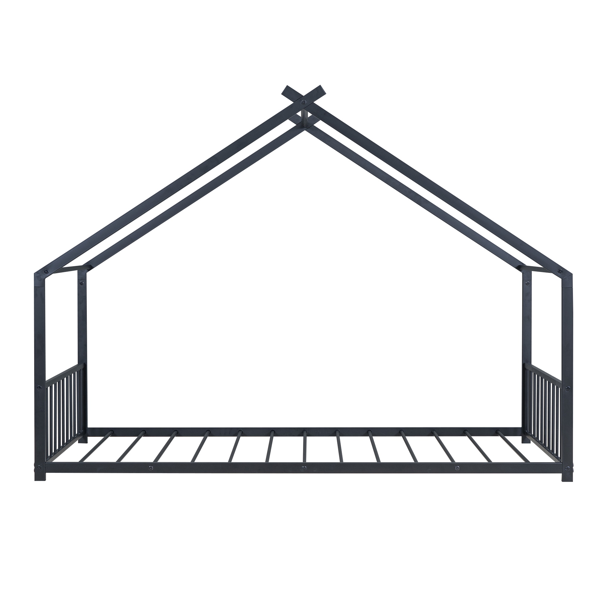 PORKISS Twin Size Floor Bed Frame, Metal Montessori Floor Bed with House Bed Featuring Roof, Modern Twin Platform Bed for Kids Boys Girls, No Box Spring Needed, Black