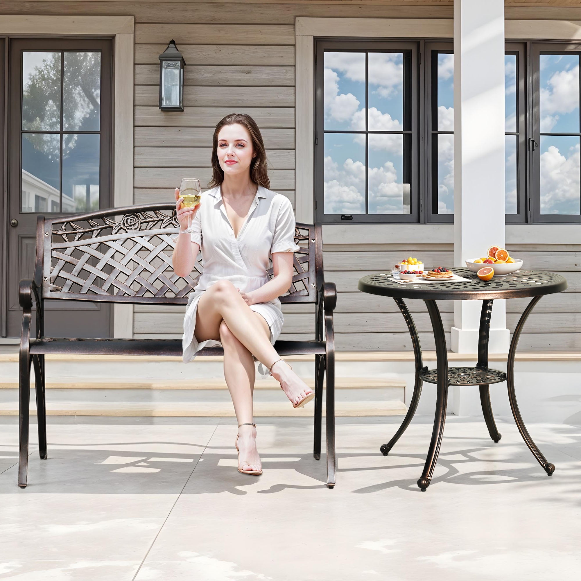 Uforic Cast Aluminum Outdoor Metal Garden Bench with Round Patio Dining Table with Umbrella Hole,Outside Dining Bench Set