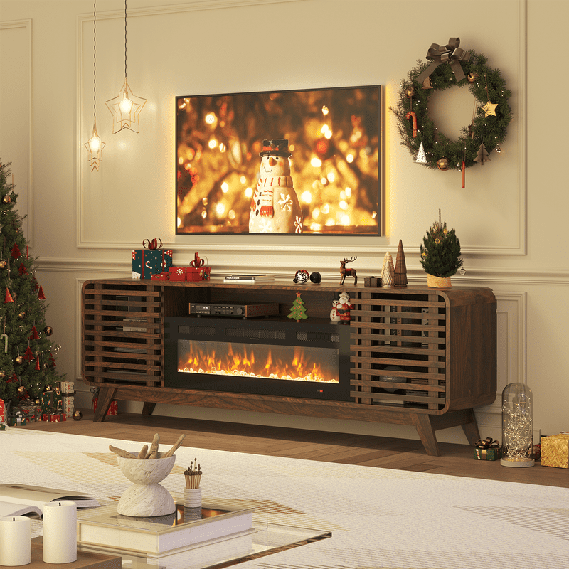 BaPiPro Mid‑Century Modern Fireplace TV Stand with 36 Inch Electric Fireplace 12‑Color RGB LED Lights Fits TVs up to 80 Inch Wood Media Console with Slatted Sliding Doors for Living Room Brown