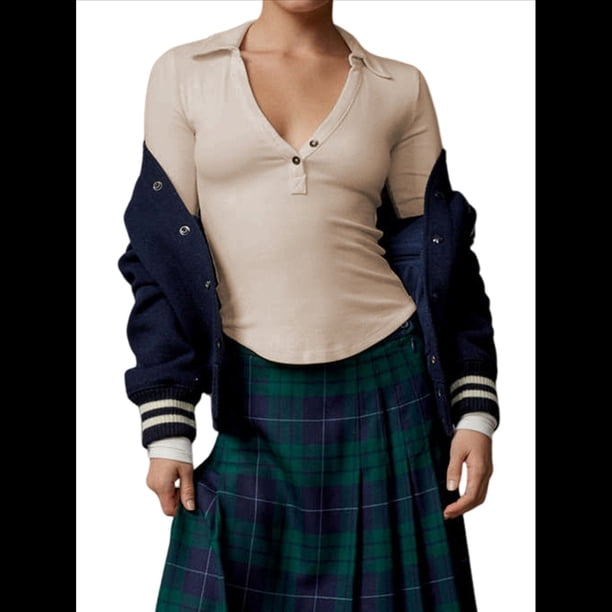 Camisetas Henley de Larga para Mujer, -Otoño 2025, de Punto Acanalado con Botones, Corte Entallado, Blusas Básicas Informales. Albaricoque S