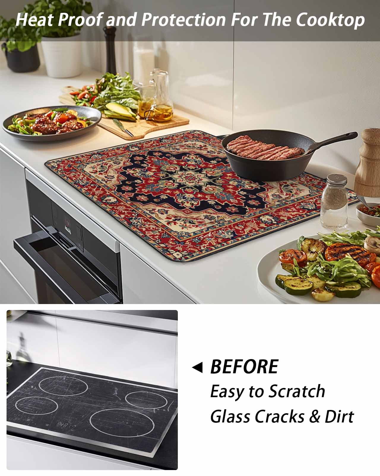 Stove Top Covers for Electric Stove, Red Boho Glass Stovetop Cover Protector, Contemporary Abstract Ethnic Retro Geometric Induction Cooktop Protector Oven Mat for Kitchen Countertop 24"x21"