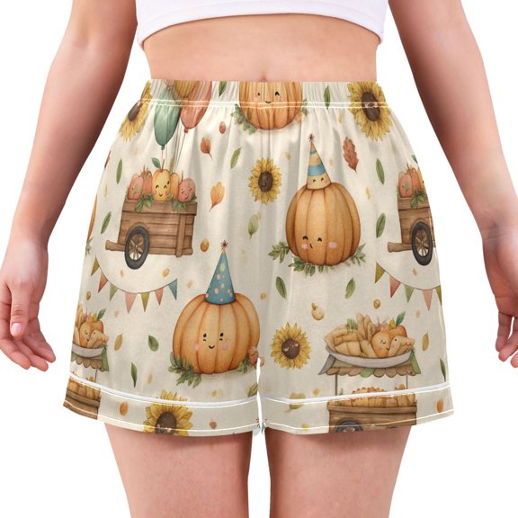 Women's Silk Pajama Shorts Fun Pumpkin Patch Pajama Shorts Women's Casual Pajama Shorts with Pockets