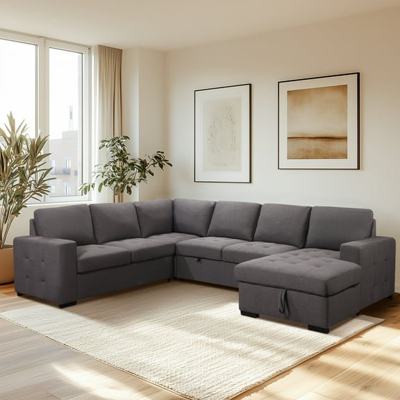 Dylan Stain-Resistant Fabric 6 Seat Storage Sectional With Pullout Bed, Assorted Colors