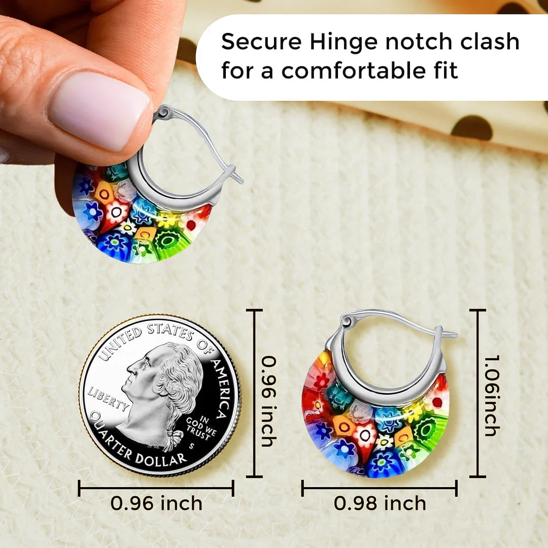 Murano Style Glass Hoop Earrings for Women Daisy Flower Stainless Steel Dangle Fun Vibrant Colorful Teacher Glass Jewelry Unique Anniversary 11.6 Gms Birthday Christmas Gifts