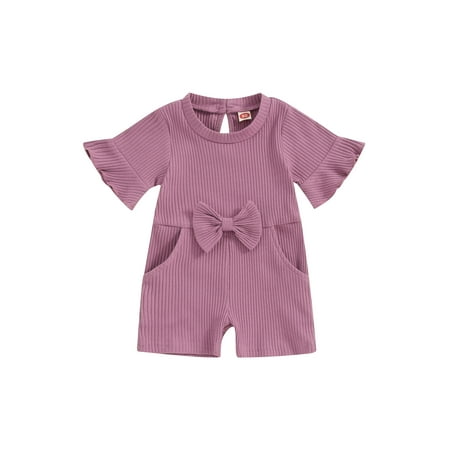 

Qtinghua Infant Toddler Baby Girls Jumpsuit Short Sleeve Bow Solid Romper Playsuit Summer Clothes Purple 6-12 Months