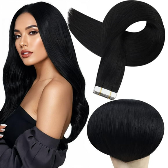 Full Shine Real Human Hair Tape in Extensions Black 24Inch Double Sided Tape for Skin Weft Hair Extensions Tape in 20Pcs 50Gram Color 1 Jet Black Sea