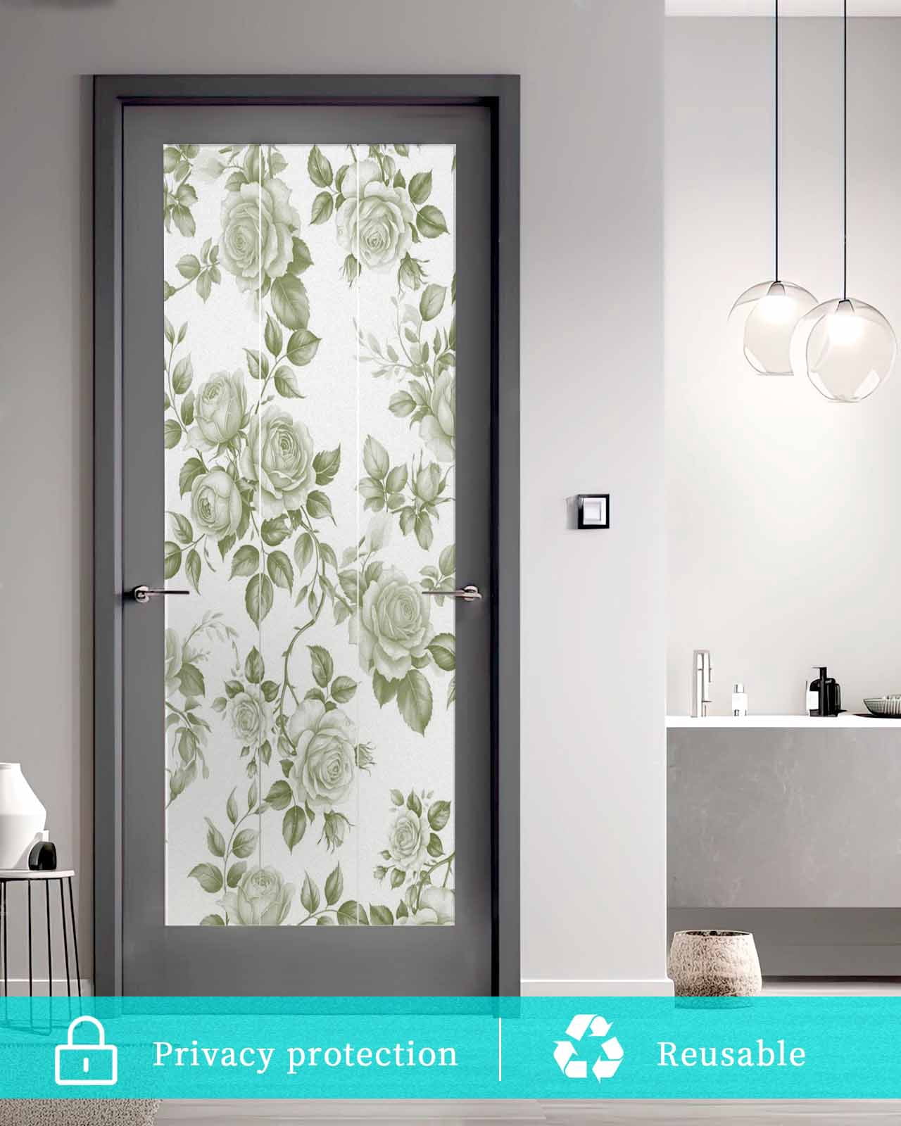 Window Privacy Film Sage Green Flower Stained Glass Window Film Decorative Sun Block Window Cover Vintage Country Rose Leaf Floral Window Clings Static Adhesive Sticker for Bathroom 23.6"x59"
