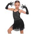 thumbnail image 2 of Choomomo Girls Sequin Fringed Dresses Tassel Skirted Leotard Latin Dance Outfits with Gloves Party Bodysuit Black 16, 2 of 7
