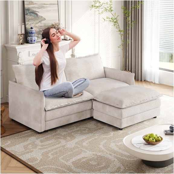 JERFIT Modern Corduroy Loveseat Sofa with Ottoman, L-Shaped Sectional Couch for Living Room, Beige 2-Seater with Deep Seat and Footrest