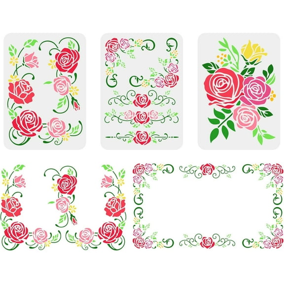 3PCS Rose Flowers Vine Painting Stencil 11.7x8.3 inch Hollow Out Floral Rose Craft Stencils Reusable Border Lace Decoration Plant Leaves Stencil
