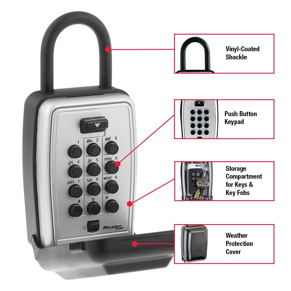 Master Lock Black Portable Outdoor Key Lock Box with Push Button Resettable Combination Lock to Safely Hide a Key Outside, 5422EC