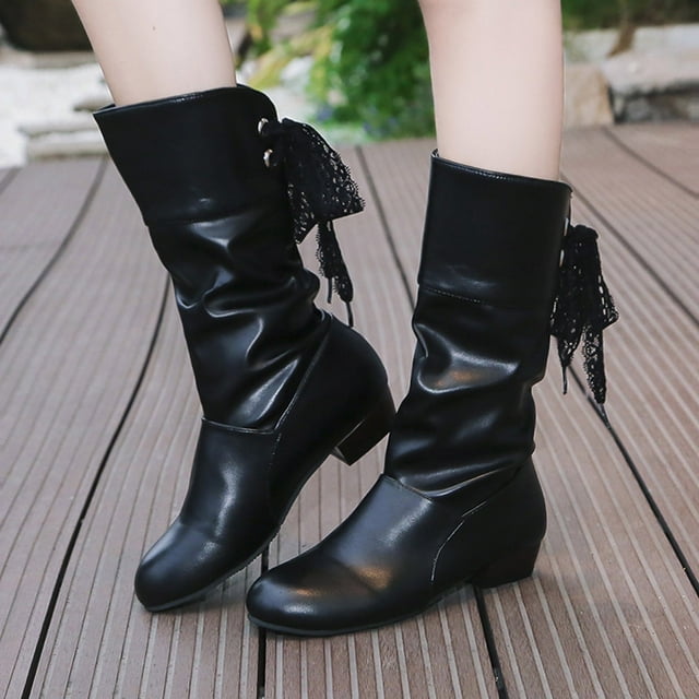 Women's Shoes Popularity Fashion Solid Color British Style Flat Bow Lacing High Boots