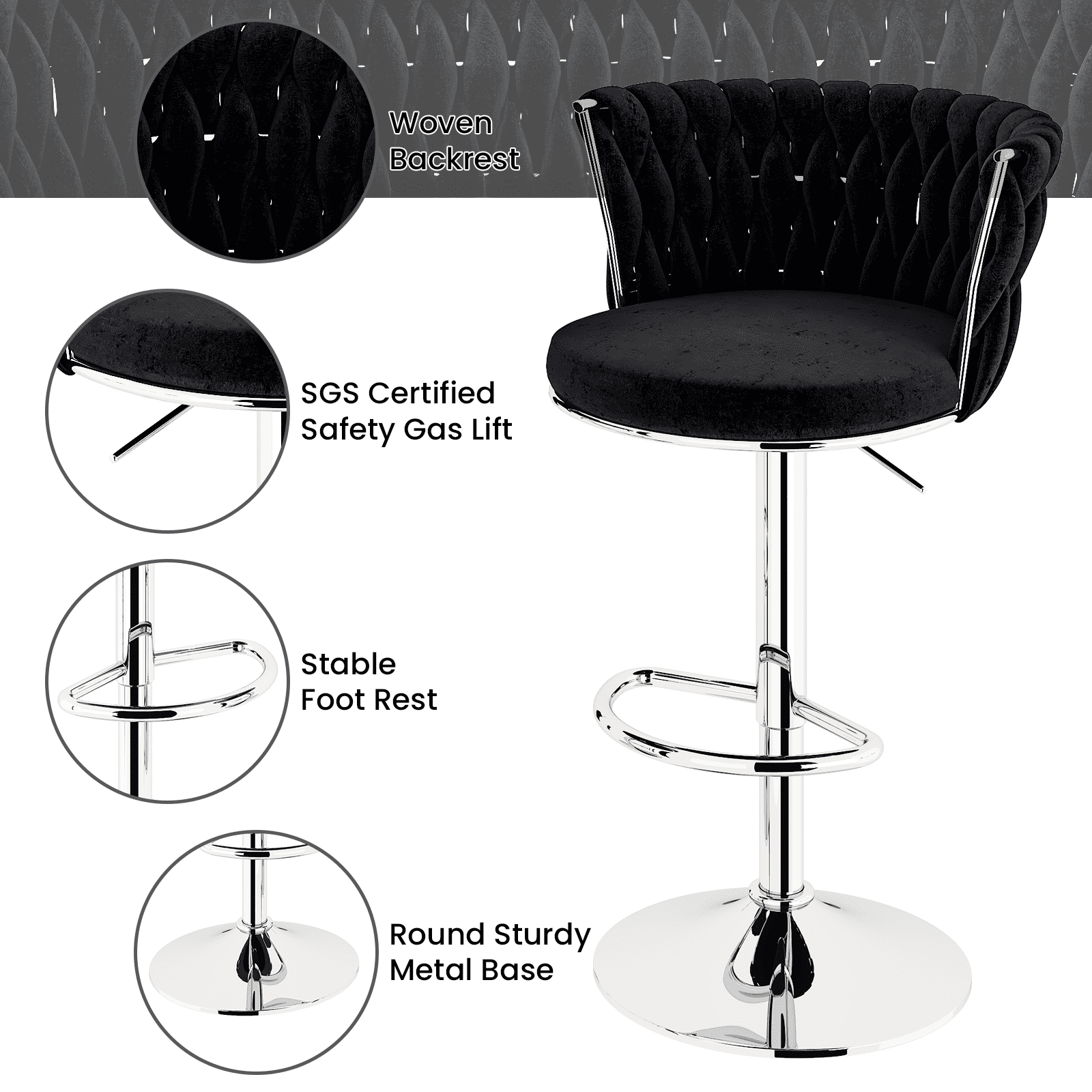 Baxluxe Swivel Bar Stools Set of 2, Velvet Counter Height Bar Chairs with Footrest, Adjustable High Stools Bar Chairs with Metal Base, Island Stools Bar Height Chairs for Kitchen Island, Pub, Black