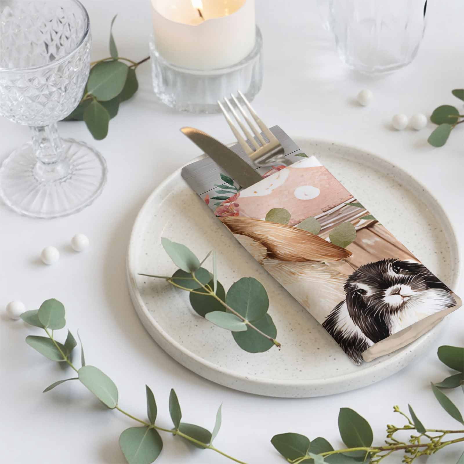 Easter Bunny Cloth Napkins, Eggs Green Leaves Country Farmhouse Wooden Washable and Reusable Dinner Napkins Set of 8, Table Napkin for Kitchen Party Birthday Wedding Hotel Housewarming 20"x20"