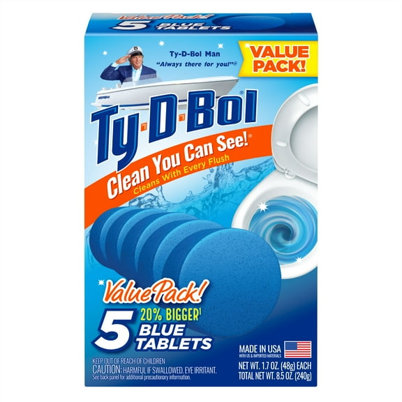 Ty-D-Bol Toilet Cleaner, Blue Toilet Bowl Cleaner Tablets, Bleach Free, 1.7 oz, 5 Pack