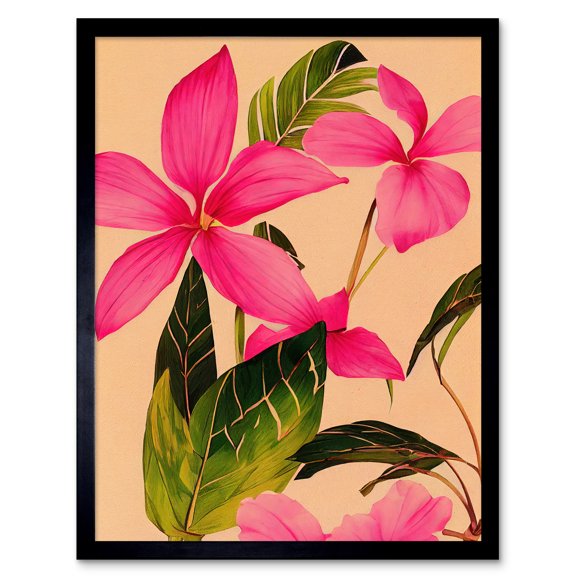 Exotic Pink Plumeria Flower Plant Blooms Watercolour Pencil Illustration Art Print Framed Poster Wall Decor 12x16 inch