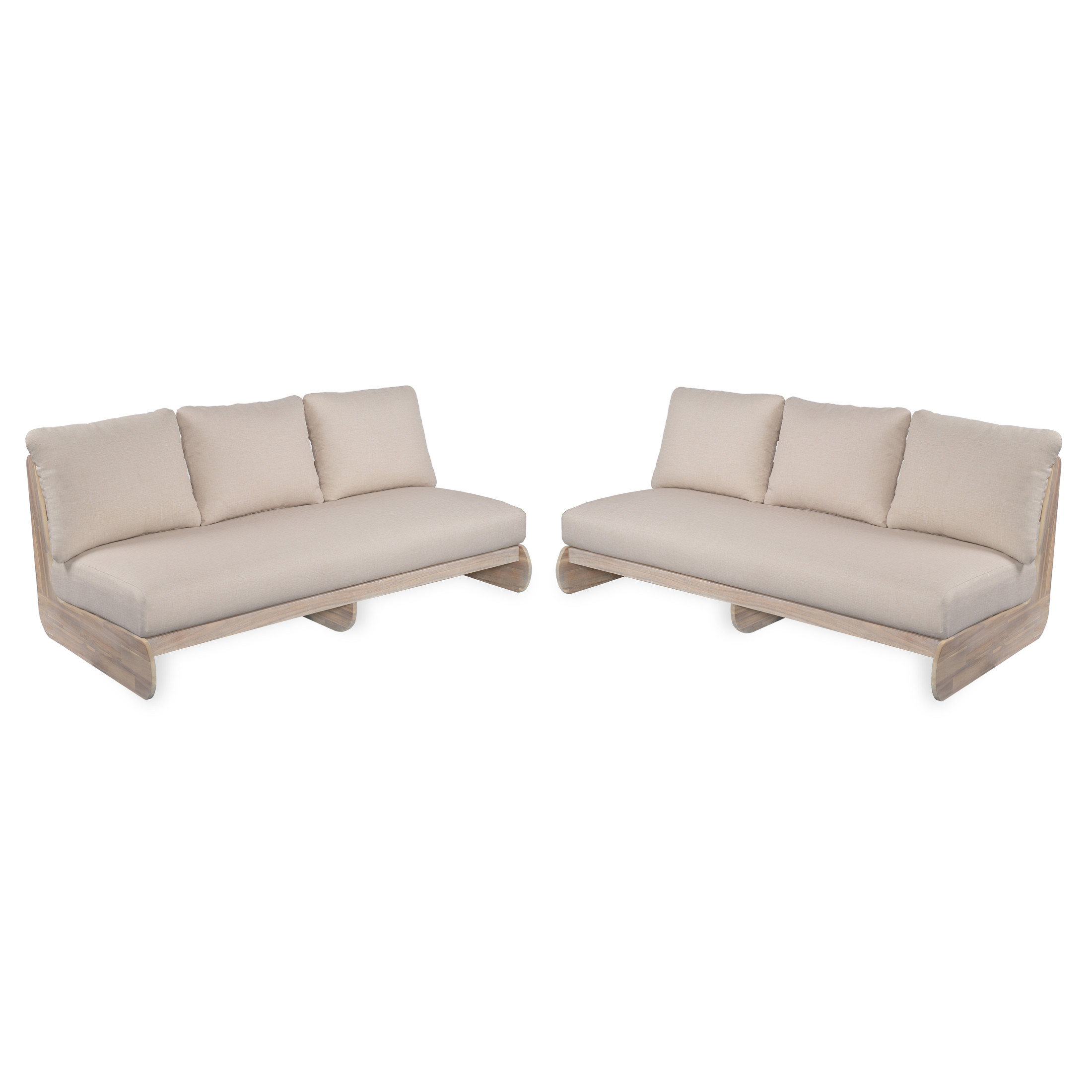 Christopher Knight Home Outdoor Lazy 3-Seater Sofas with Acacia Wood Frame and Sand Color Cushions, Set of 2