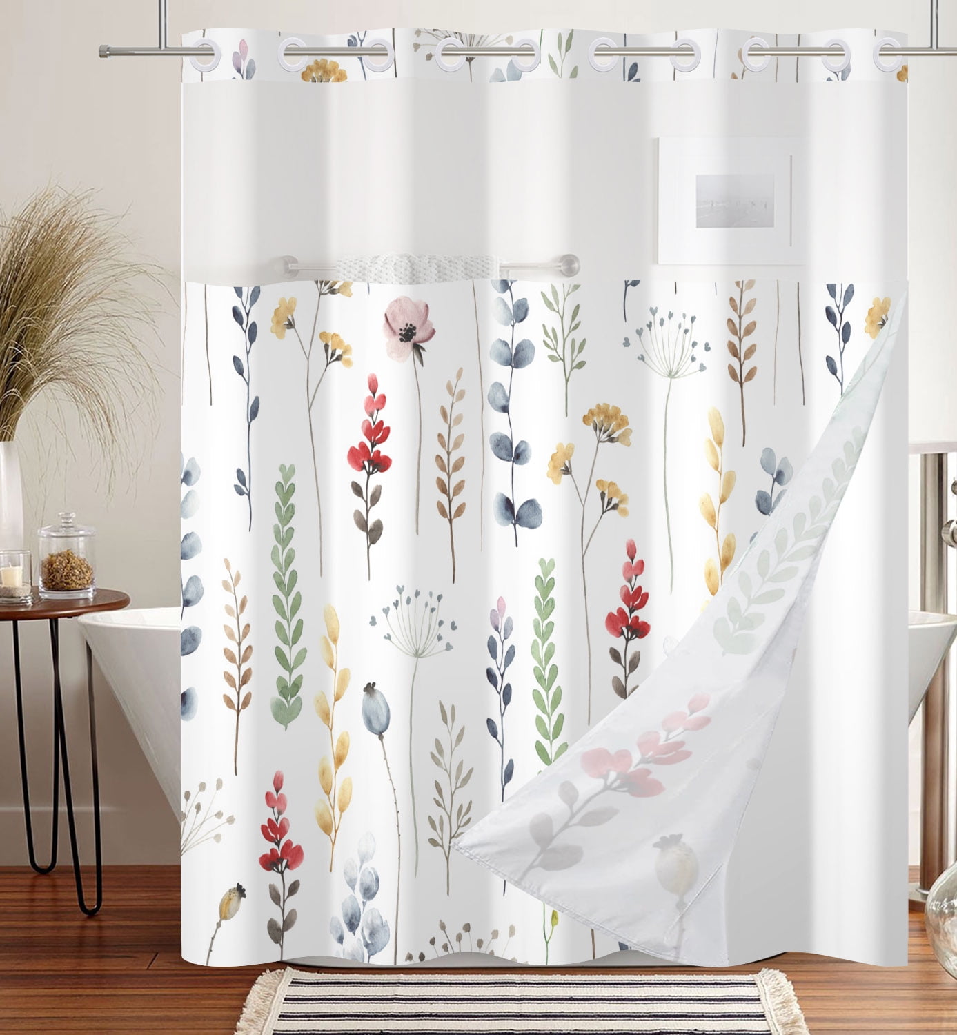 Mizhona Hookless Shower Curtain with Snap in Liner, Wild Floral Waterproof Fabric Mesh Window Bath Curtain, 71"X74"