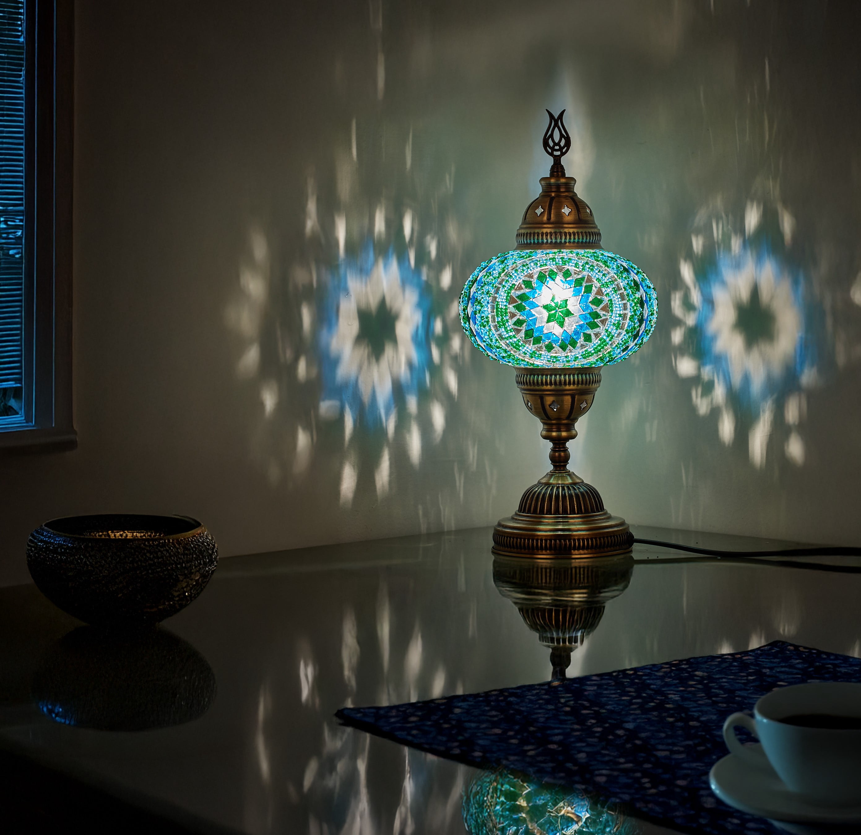 DEMMEX – 7" Large Globe Turkish Moroccan Mosaic Table Lamp, Handcrafted Tiffany-Style Colorful Glass Bedside Desk Table Light, Artisan Decor for Living Room Bedroom – 14" H (Turquoise)