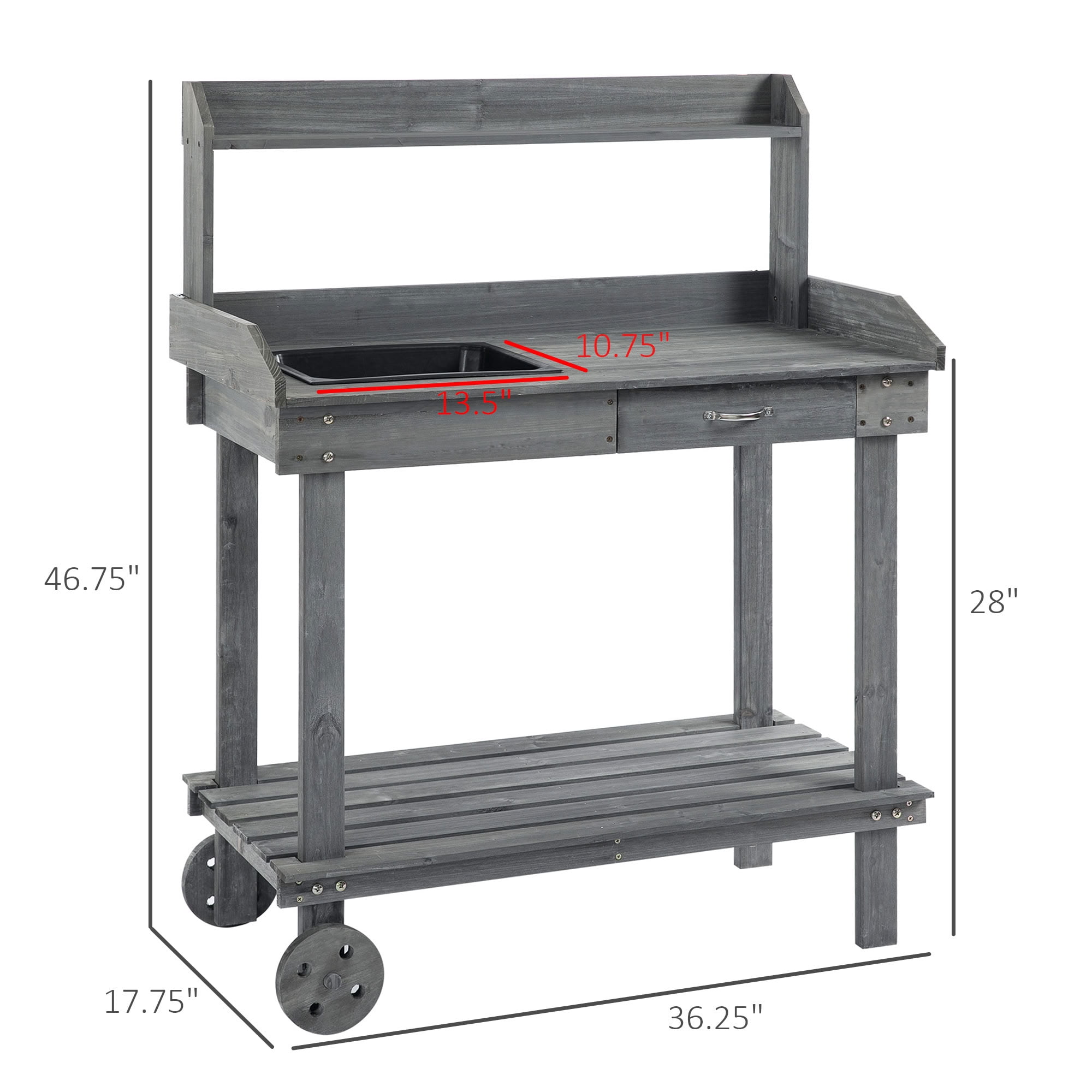 MAYEERTY 36" Wooden Potting Bench, Outdoor Garden Workstation with Removable Wheels, Sink, Drawer for Backyard, Patio, Deck