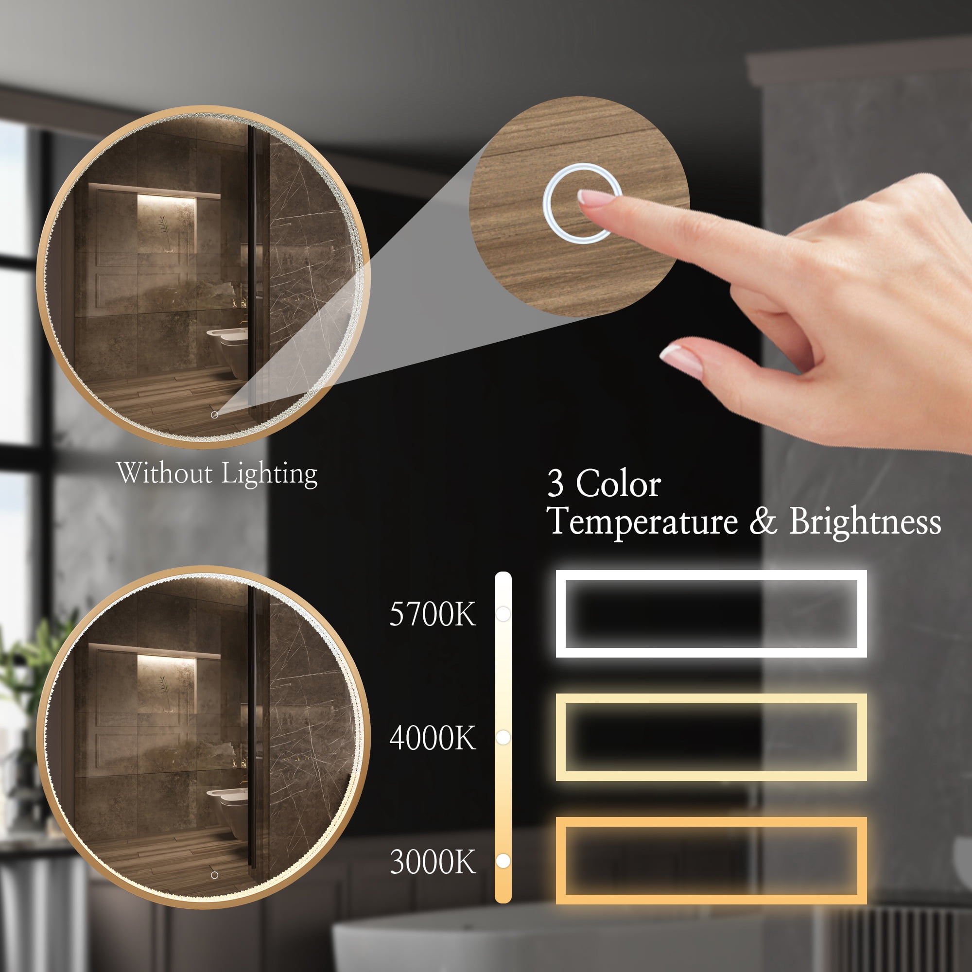 36-in W x 36-in H Round Dark Champagne Gold Framed Full Length Lighted Vanity Mirror
