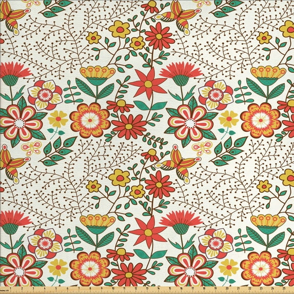 Abstract Fabric by the Yard, Tulip Illustration of Traditional Russian National Art and Butterfly, Decorative Upholstery Fabric for Chairs & Home Accents, Multicolor by Ambesonne