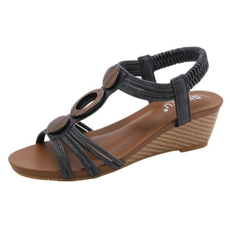 

new home gifts for home Sandals For Women Ladies Sandals Peep Toe T Strap Bohemia Sandals Flats Beach Shoes PU Black
