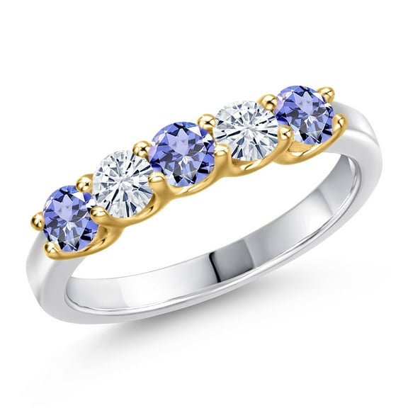 Gem Stone King 925 Silver and 10K Yellow Gold Blue Tanzanite and White Moissanite Wedding-Bands Ring for Women | 0.86 Cttw | Round 3.5MM | Gemstone December Birthstone | Size 5