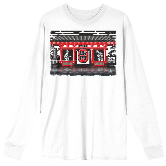 Godzilla Classic Shin and Mecha Shin in Pagoda Adult White Long Sleeve Tee-Large