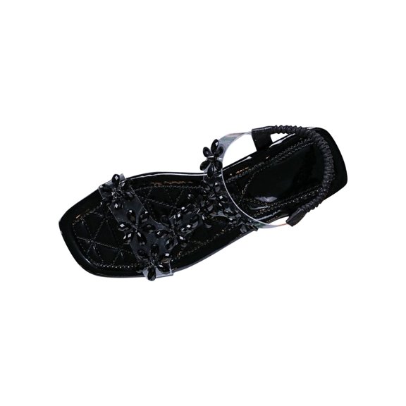 Women's Summer Sandals Flower Rhinestone Transparent Belt Open Toe Elastic Strap Comfortable Cute Beach Flat Sandals Black