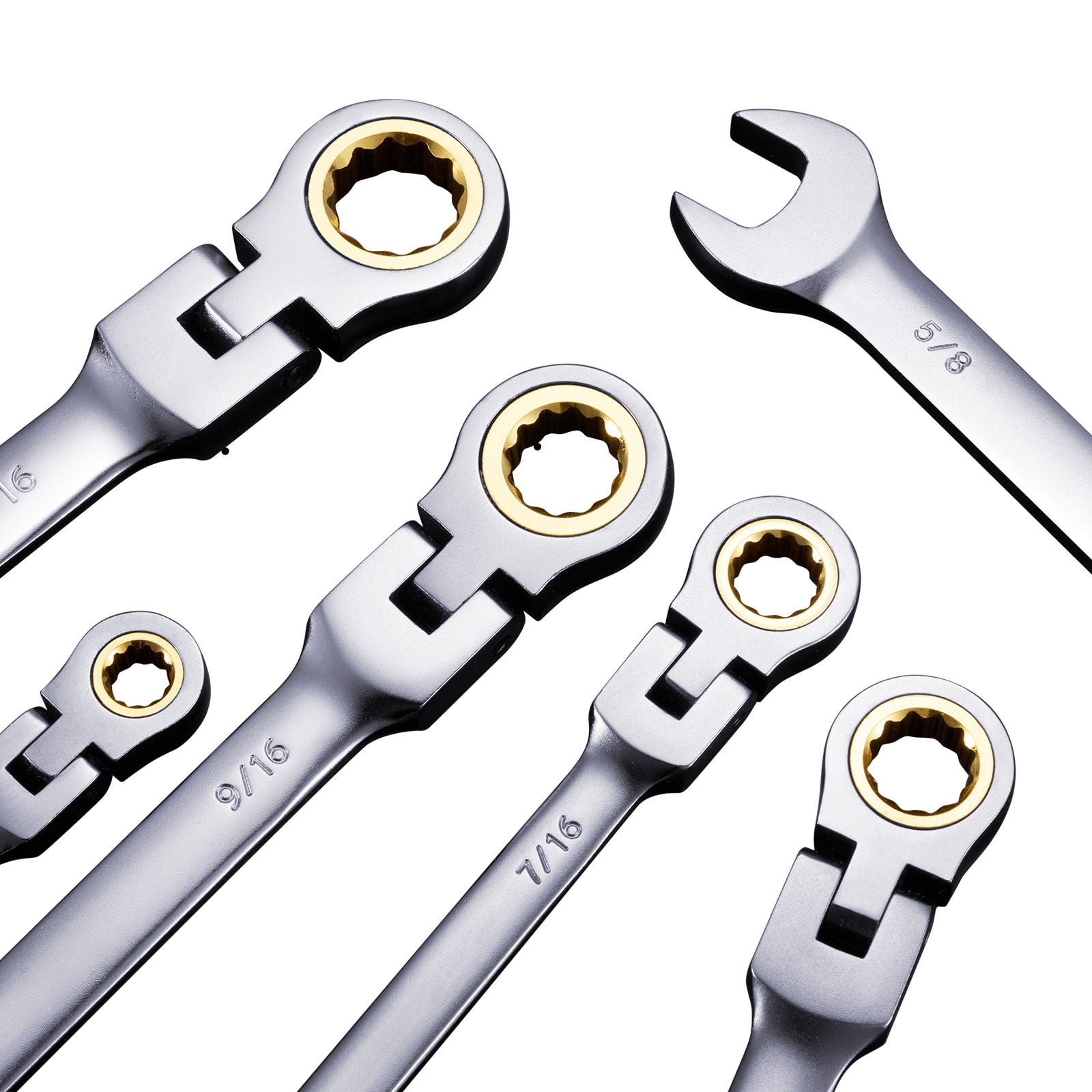 Wrench Set 8-Piece SAE 72-Tooth Ratcheting 5° Working Angle 180° Adjustable Flex Head Cr-V Alloy Steel Storage Bag for Automotive Home Repair