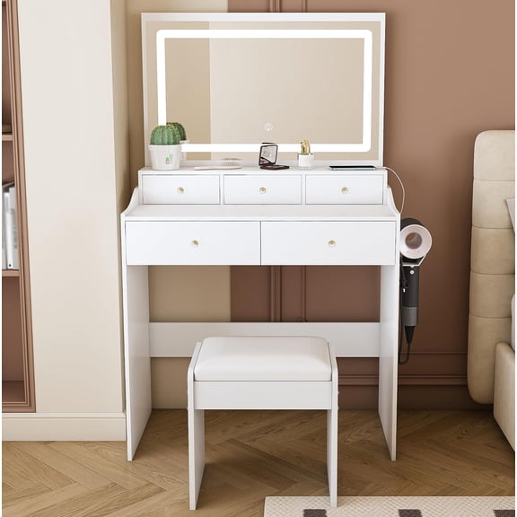 31.5" Makeup Vanity Desk, White Vanity Desk with Mirror and Lights, Modern Makeup Vanity and Chair Set with Power Outlet & Hair Dryer Holder, 5 Drawers, Lights Mirror for Bedroom (White)