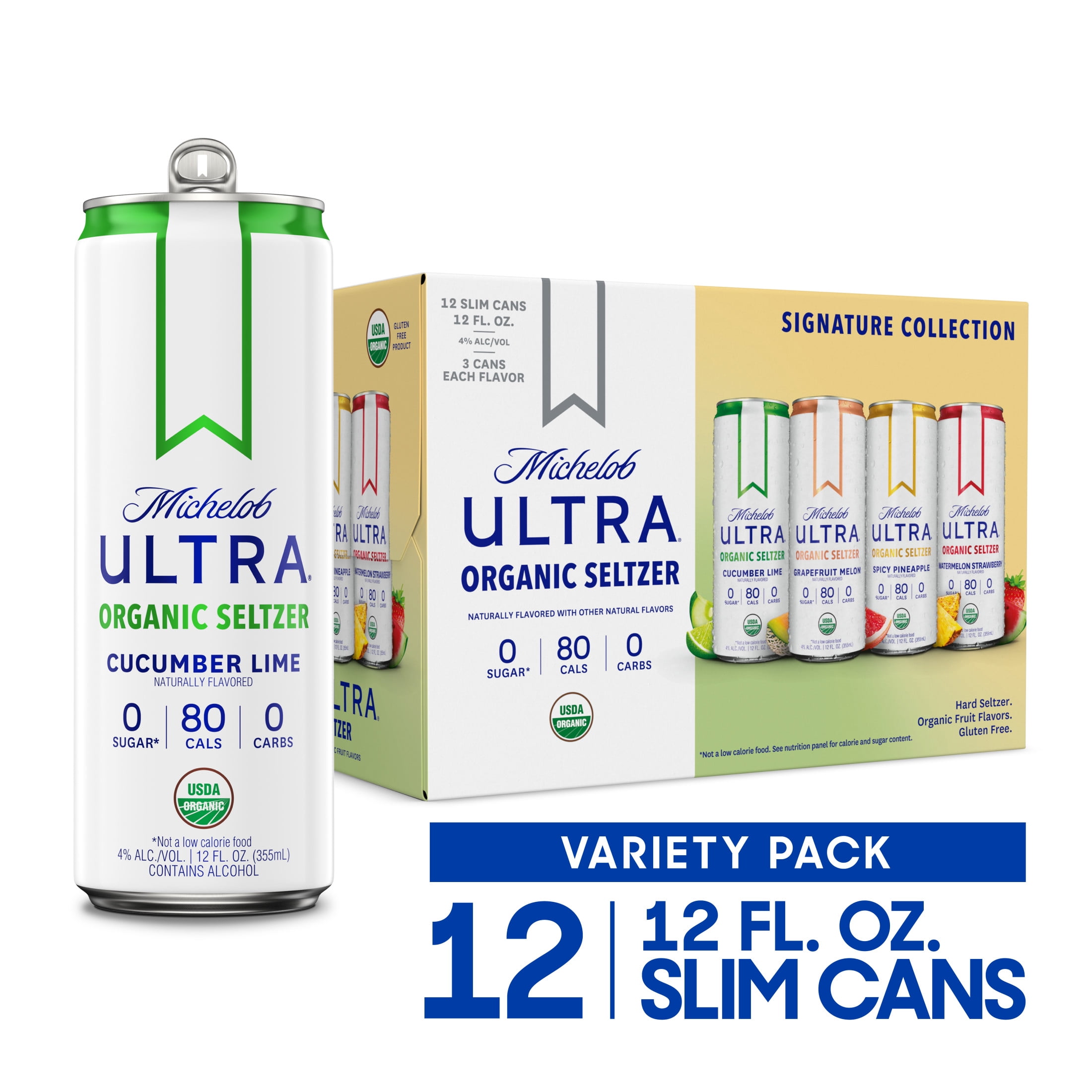 Michelob ULTRA Organic Hard Seltzer, Variety Pack, 12 Pack, 12 fl oz Slim Aluminum Cans 4% ABV