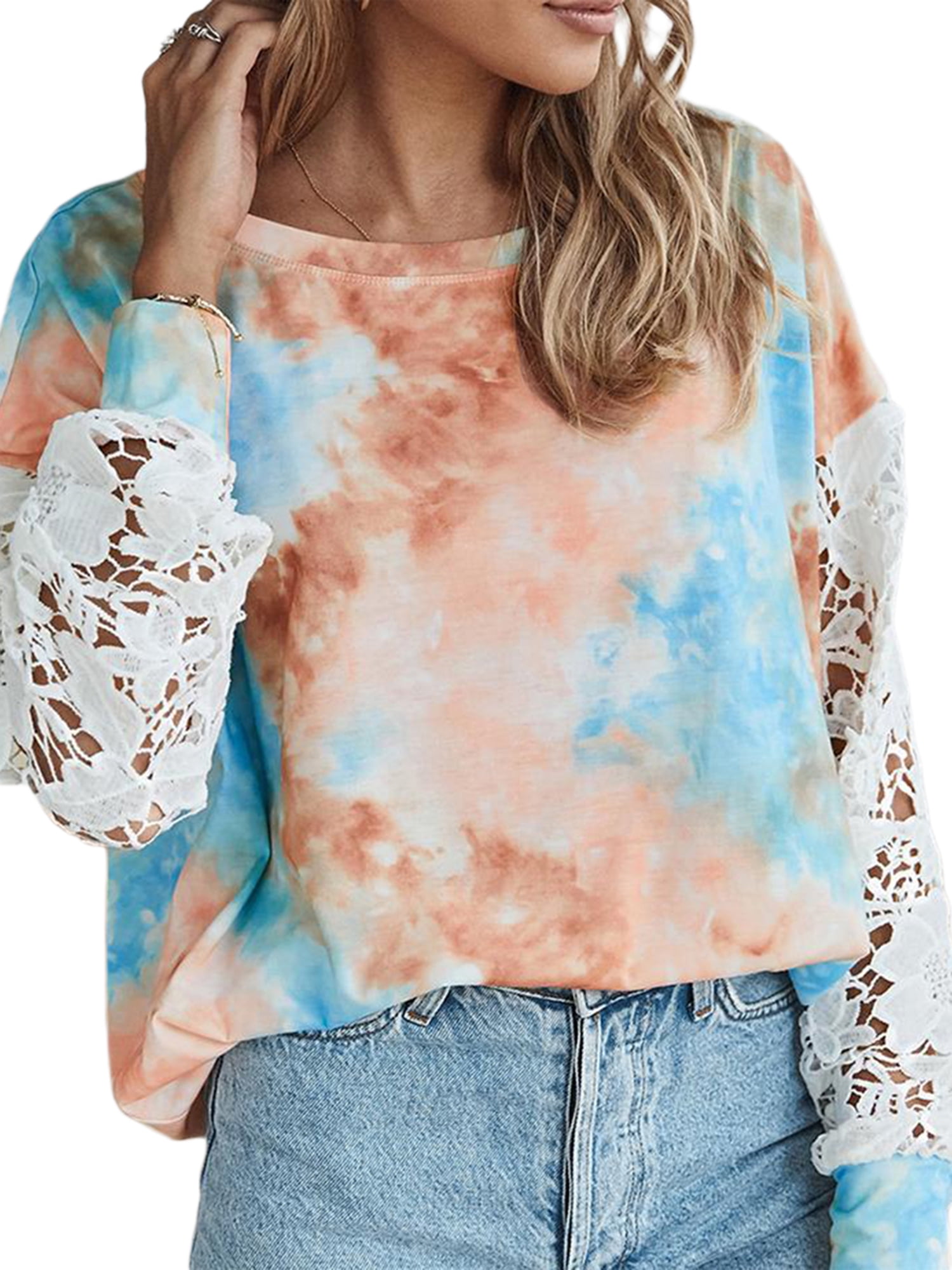 shirt, Tie Dye Lace Splicing Loose Tops 